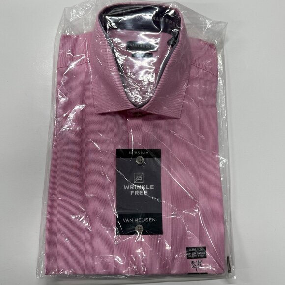 Van Heusen Button Up Shirt Mens 16 16.5 32/33 L Pink Stripe Wrinkle Free Slim - Picture 1 of 10